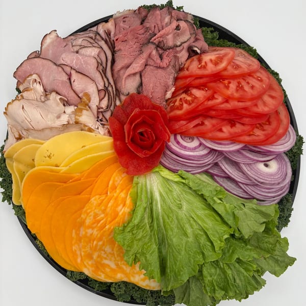 A deli platter with sliced meats, cheeses, tomatoes, red onions, and lettuce, garnished with a red pepper rose.